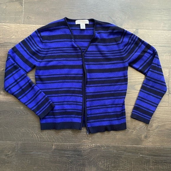 Jones New York blue and black striped full front zipper Cardigan Sweater… - Picture 1 of 5